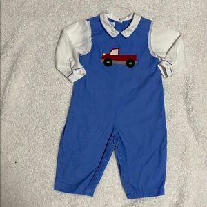 Petit Pomme boys sz 12mo 1pc blue corduroy jumpsuit red truck patch embroidered